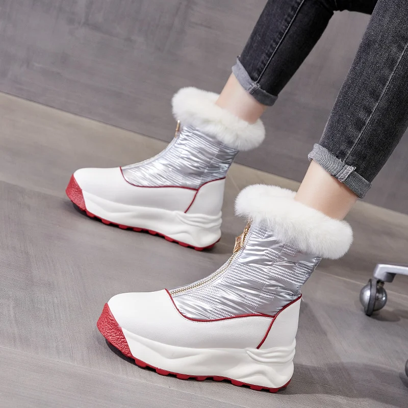 

8cm New Genuine Lesther Synthetic Motorcy Ankle Boots Autumn Winter Keep Warm Thick Bottom Zipper Comfy Plush Spring Shoes