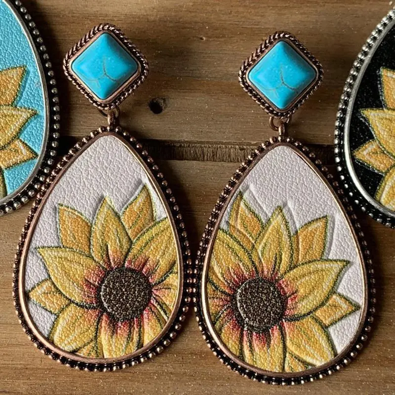 

Ethnic Sunflower Pattern Earrings Boho Vintage Tribal Metal Carved Lace Drop Earrings