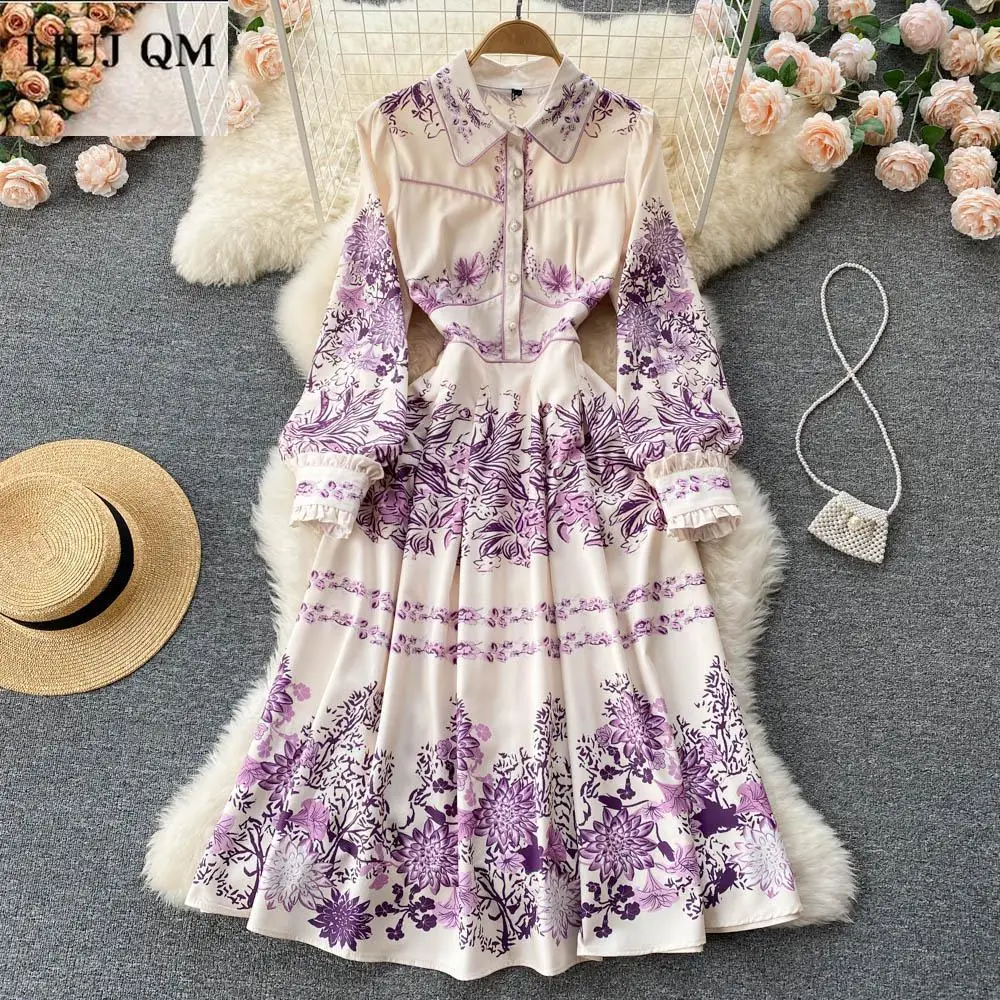 

Женское винтажное длинное платье, фиолетовое цветочное плиссированное платье средней длины на пуговицах с длинным рукавом, уличная одежда,...