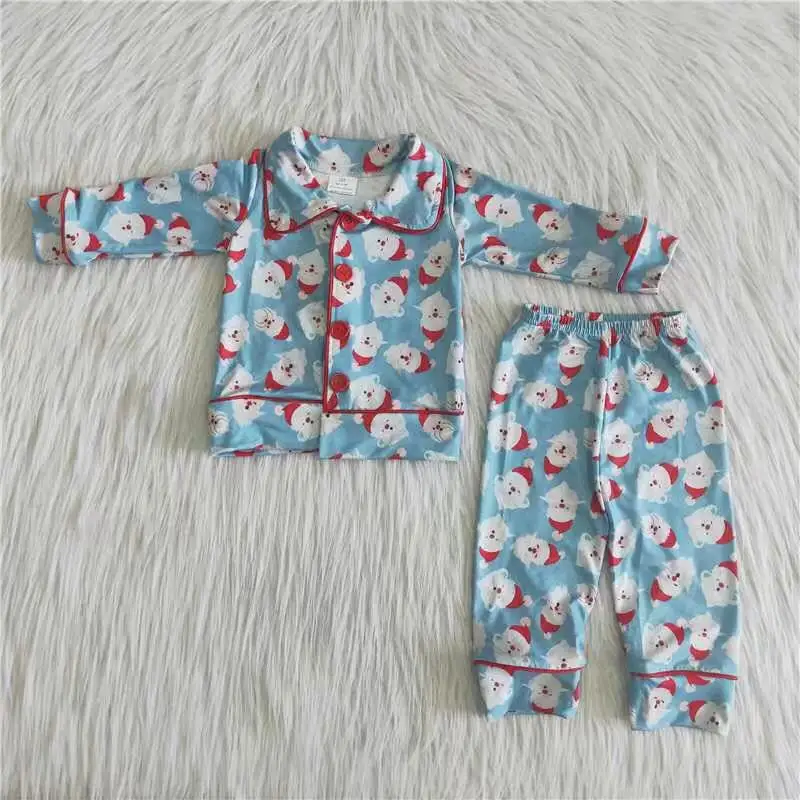 

RTS Christmas boys pajamas 2 pcs blue long sleeve button design with collar Santa pattern 100%cotton kids clothing wholesale