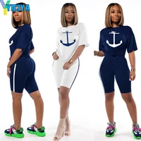yiciya womens tracksuit fashion short sleeve navy sports boat anchor print upper garment two piece women summer clothing 2022