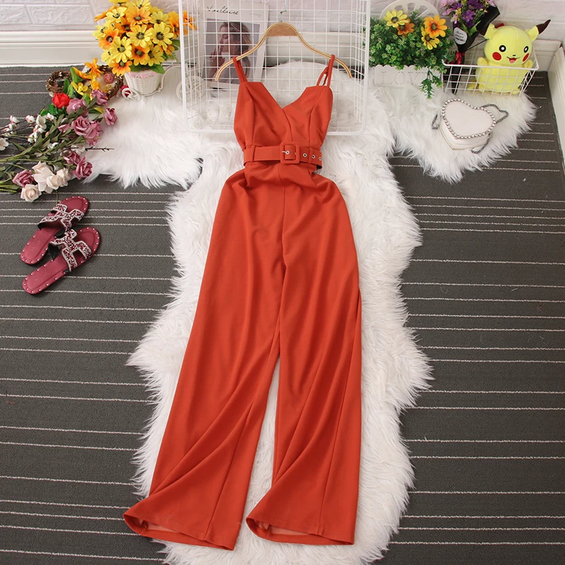 

Summer New Fashion Solid Color Celebrity Temperament Suspenders Sleeveless Jumpsuit Women's High Waist Slim Wide Leg Trousers