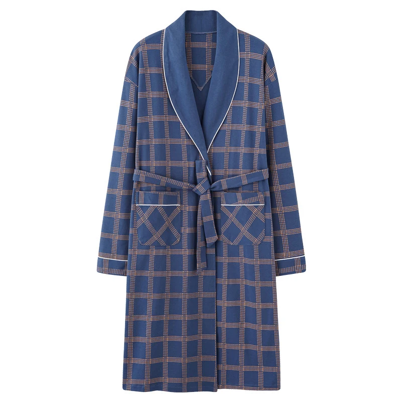 

2022 Spring Autumn Bathrobe Men 100% Cotton Sleep Top Kimono Robesfor Male Plaid Robes Long Bath Robe Bride Robe Dressing Gown