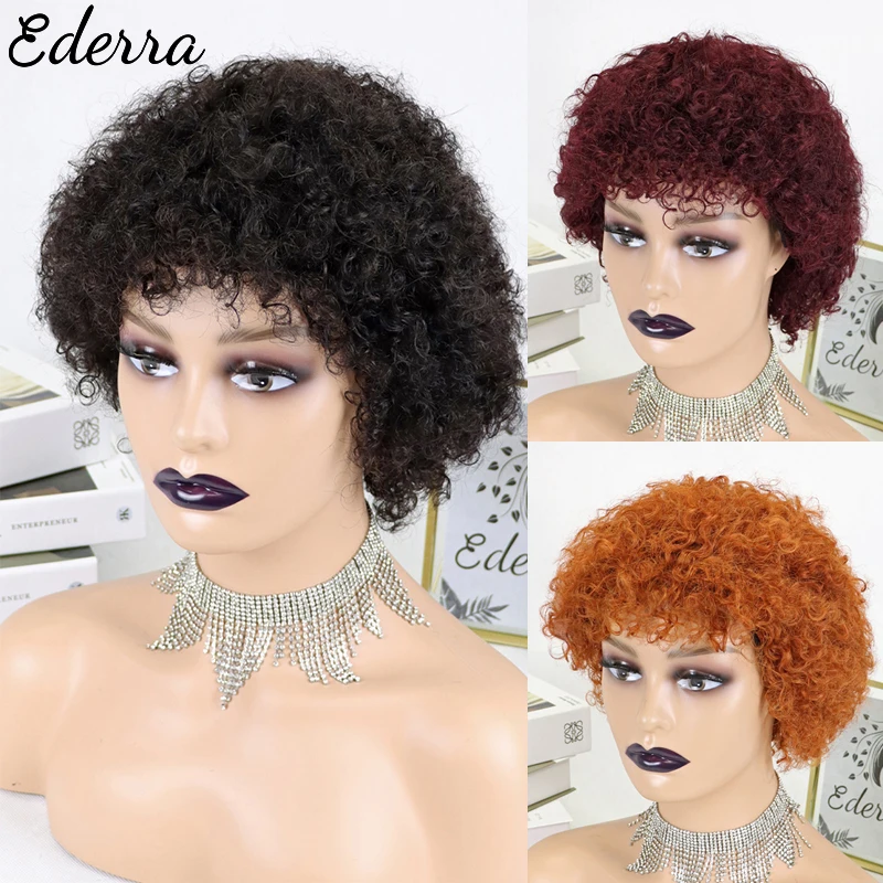 Short Curly Hair Wigs Pixie Cut Brazilian Human Hair For Women Natural Black Brown Glueless Afro Kinky Curly Wig Sassy Burgundy