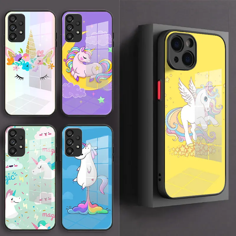 

Balck Glass Case For iPhone 13 11 12 Mini Pro XS Max Funda XR X 7 8 6 Plus SE2 Silicone Cover Cute Rainbow Unicorn