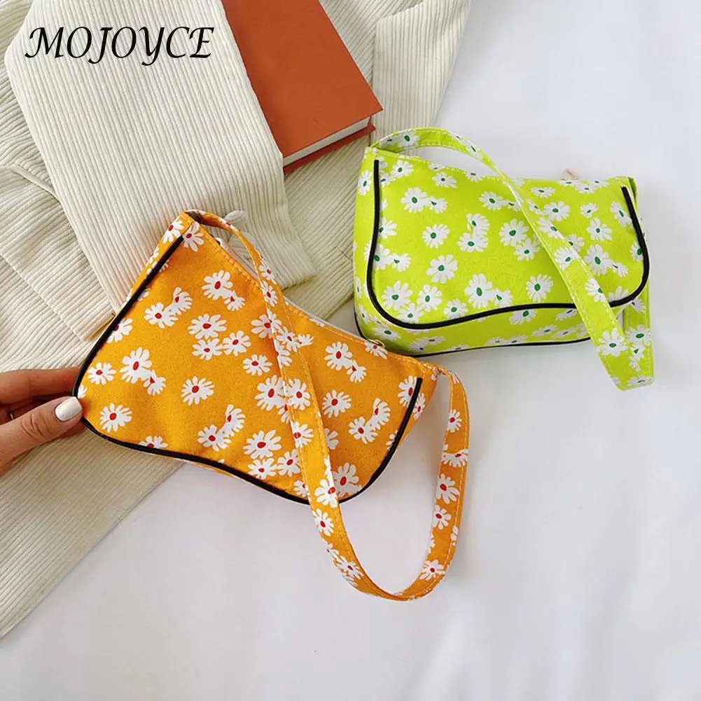 

Elegant Daisy Flower Pattern Underarm Bag Women Canvas Small Shopping Shoulder Bags Female Zipper Armpit Bags