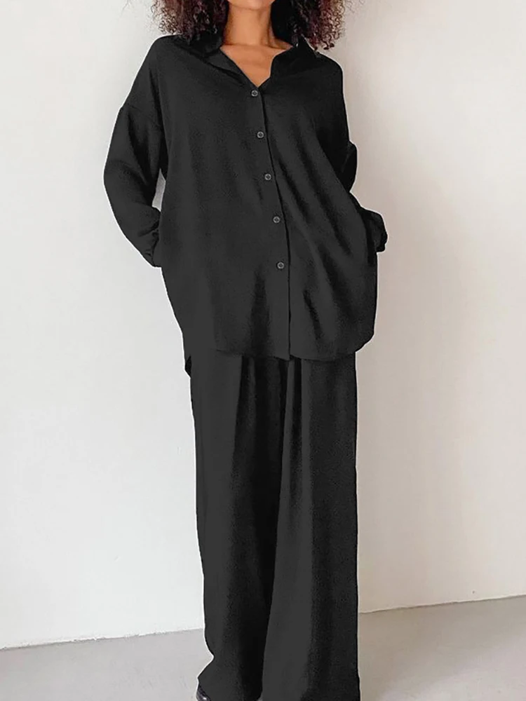 

Linad Black Pajamas For Women 2 Piece Sets Loose Long Sleeve Sleepwear Female Trouser Suits 2023 Autumn Casual Solid Nightwear