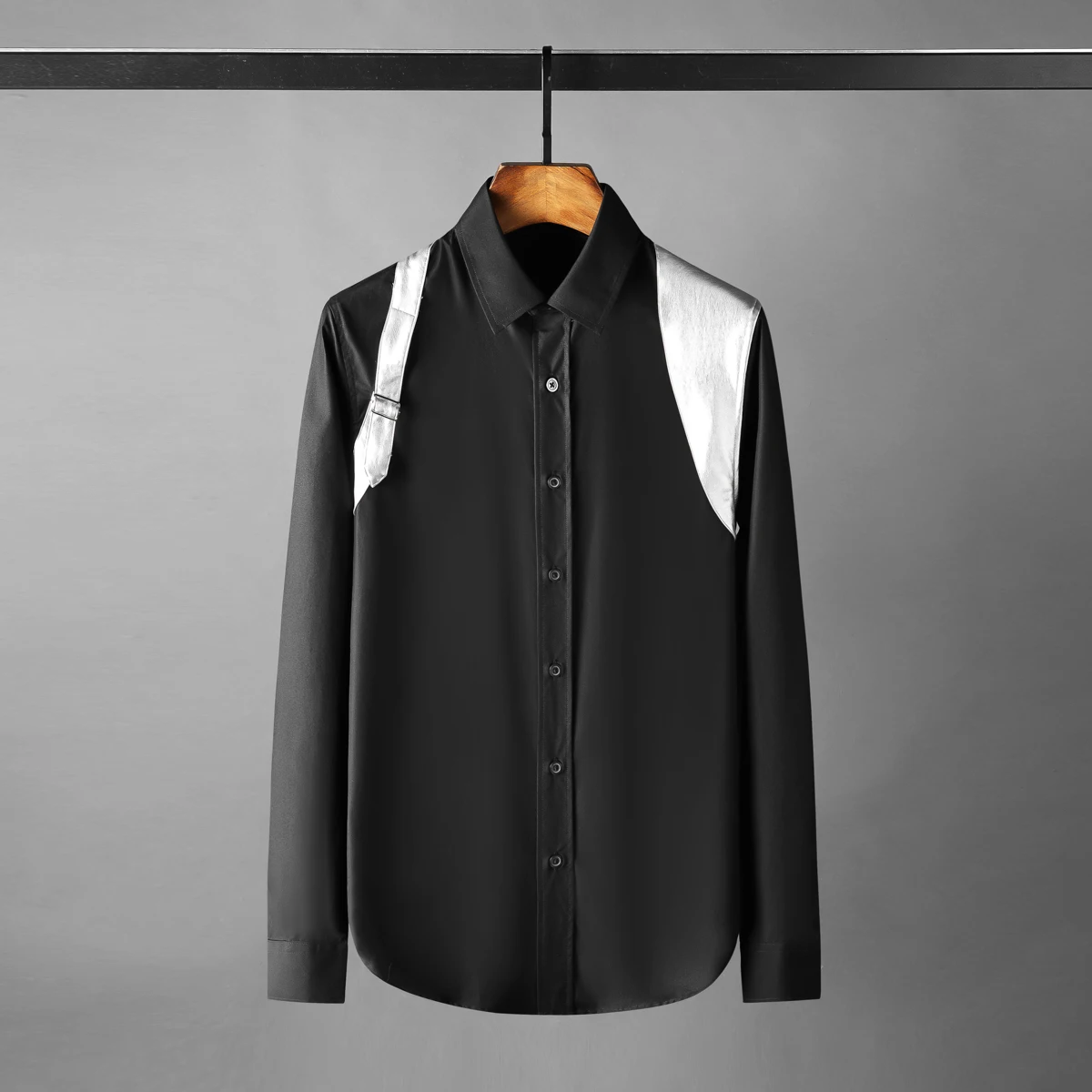 

2022 Silver Splicing Male Shirts Luxury Long Sleeve Casual Black Casual Mens Dress Shirts Fashion Loose Party Man Shirts