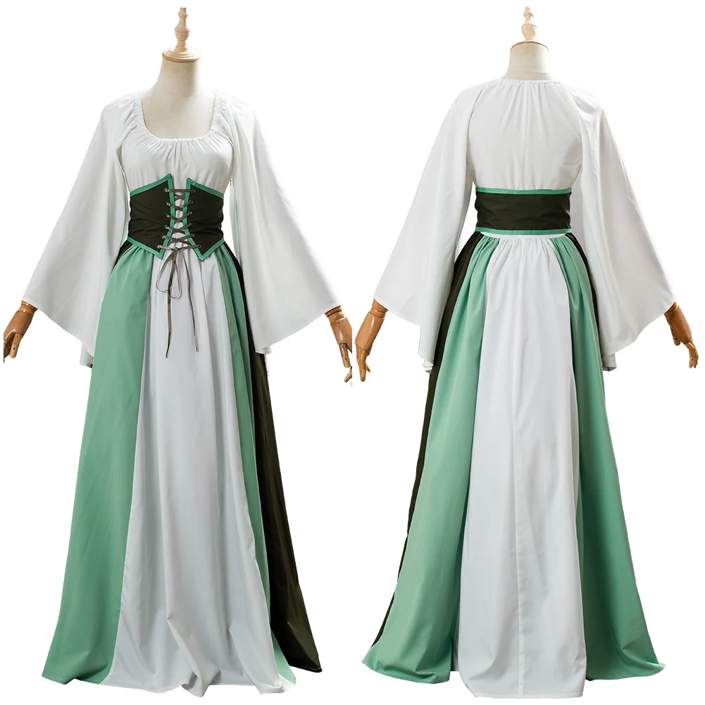 

Adult Women Medieval Renaissance Fancy Dress Cosplay Costume White Wrapped High Waist Flare Sleeve Cotton Drawstring Dresses