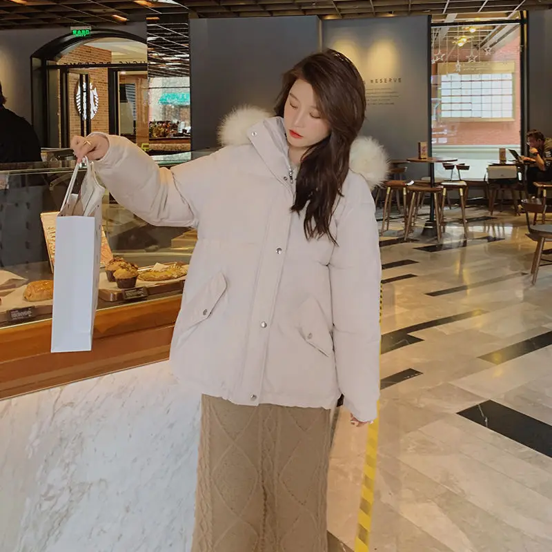 Пальто хлопковое женское с большим меховым воротником маленькая Очаровательная