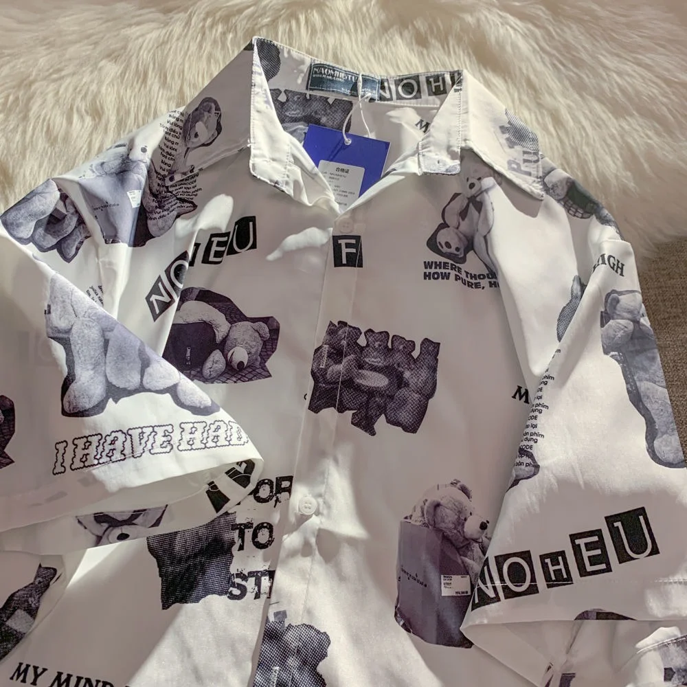 Рубашка мужская с принтом медведя винтажная пуговицами коротким рукавом Пляжная