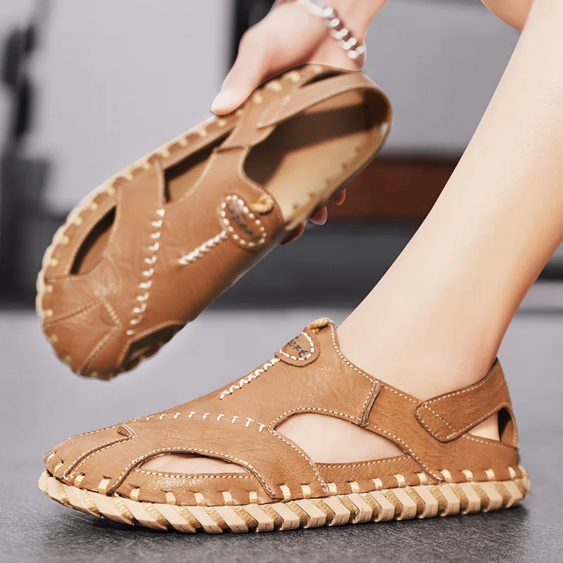 

Summer New Sewn Sandals Wearing Breathable Hollow out Toe Shoes for Men Breathable Two Wear Beach Shoes