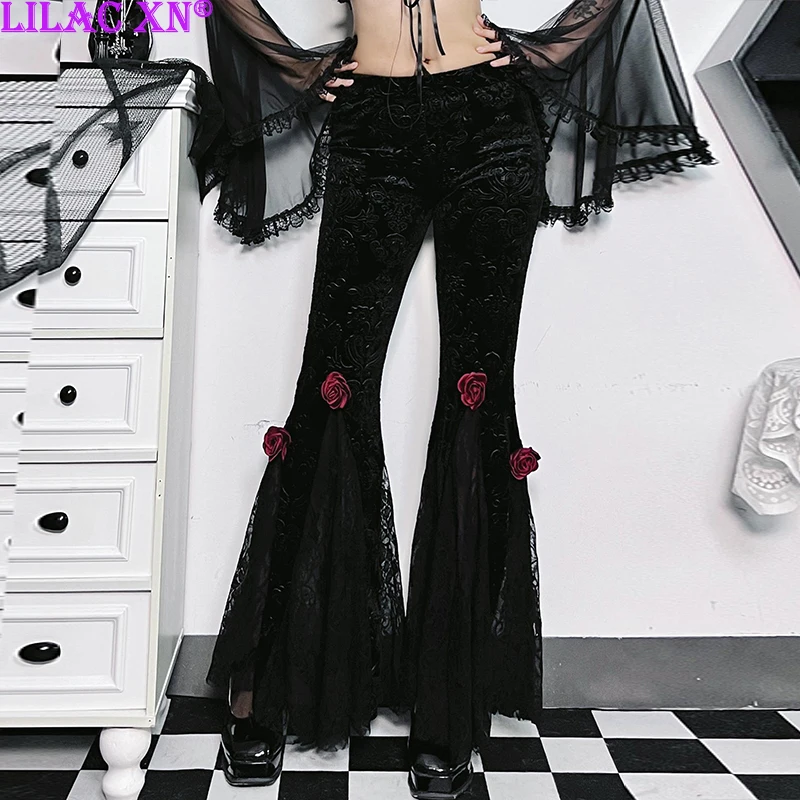 

Goth Black Jacquard Rose Lace Mesh Flared Pants Y2K Vintage Velvet Fashion Women Pants Streetwear Autumn Winter Pantalones