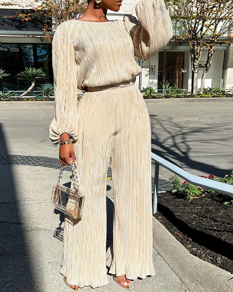 

Pleated Women Loose Wide Leg Straight Pants Suit and Long Sleeve Tee Top Tracksuit INS Two 2 Piece Set 2022 Summer Outfit