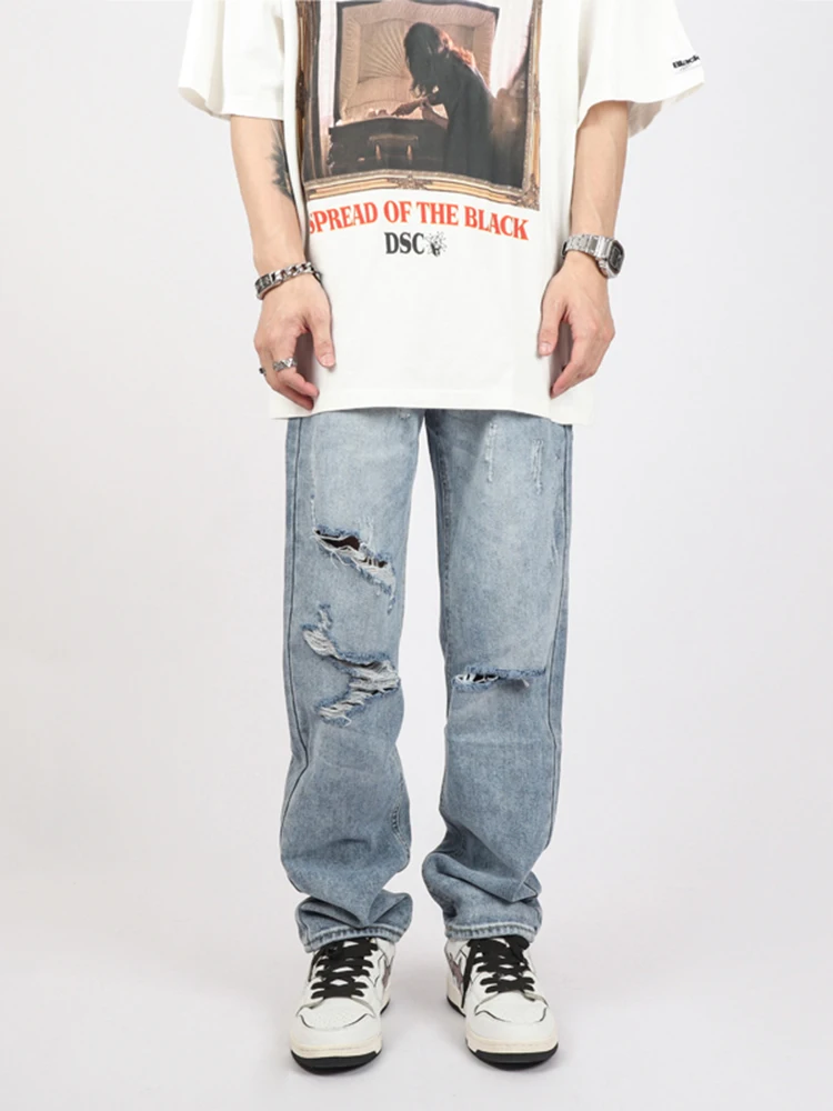 Men's Loose Jeans Straight Leg Pants with Ripped Holes and Washed Vintage Streetwear Korean Style Casual Clothes Denim Trousers