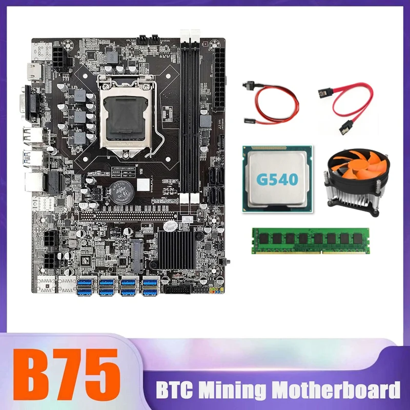 B75 BTC Miner Motherboard 8XUSB+G540 CPU+DDR3 4G 1333Mhz RAM+CPU Cooling Fan+SATA Cable+Switch Cable USB Motherboard