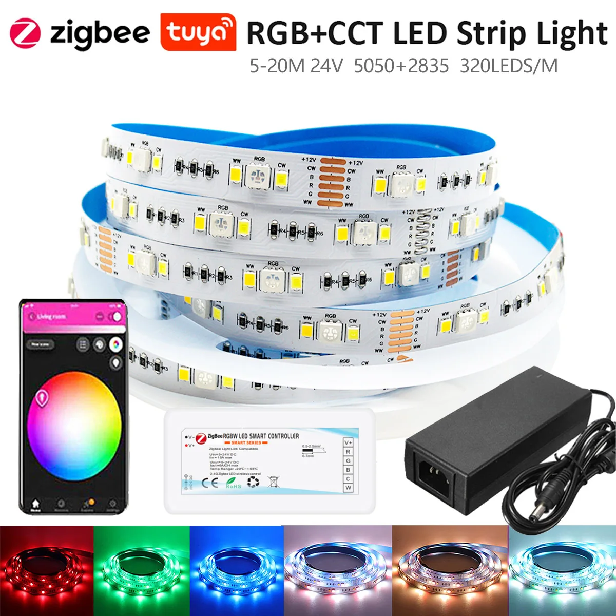 Светодиодная лента Zigbee 3,0, 5-20 м, 24 В постоянного тока, 5050, RGBCCT, 3500K-6500K, комнатное освещение, Декор, голосовое управление, умное управление для Tuya, Zigbee, Alexa, Google Home