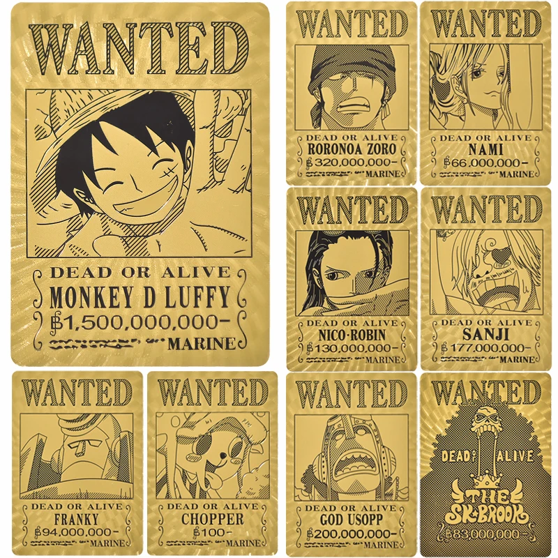 

Anime One Piece Game Collection Cards Metal Gold Wanted Card Japanese Luffy Zoro Nami Chopper Bounty Action Figure Kid Toys Gift