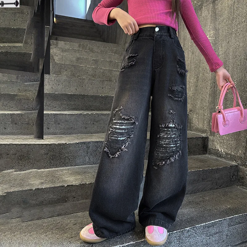 Демисезонные рваные джинсы для девочек новые модели подростков свободные прямые