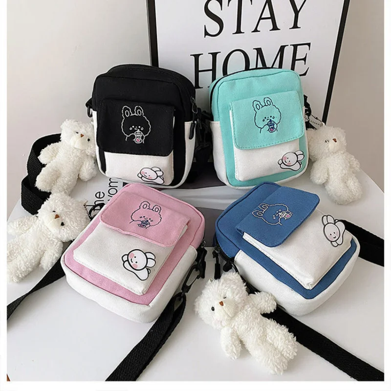 

2023 New Canvas Women Phone Bag Cartoon Printed Shoulder Messenger Bag Hit Color Flap Purse Casual Handbag Female Shopping Bag