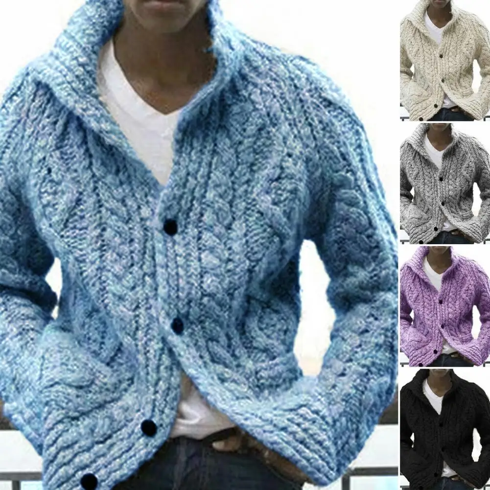 Chic Anti-shrink Single-breasted Pockets Men Sweater Coat for Home Men Sweater Coat Winter Sweater Coat