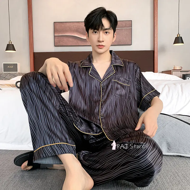 Men Sleepwear Silk Satin Pijama Set Pajama Sets Short Sleeve Sleep Home Clothes Man 2 Pieces Sets Home Suits Pyjamas L-5XL