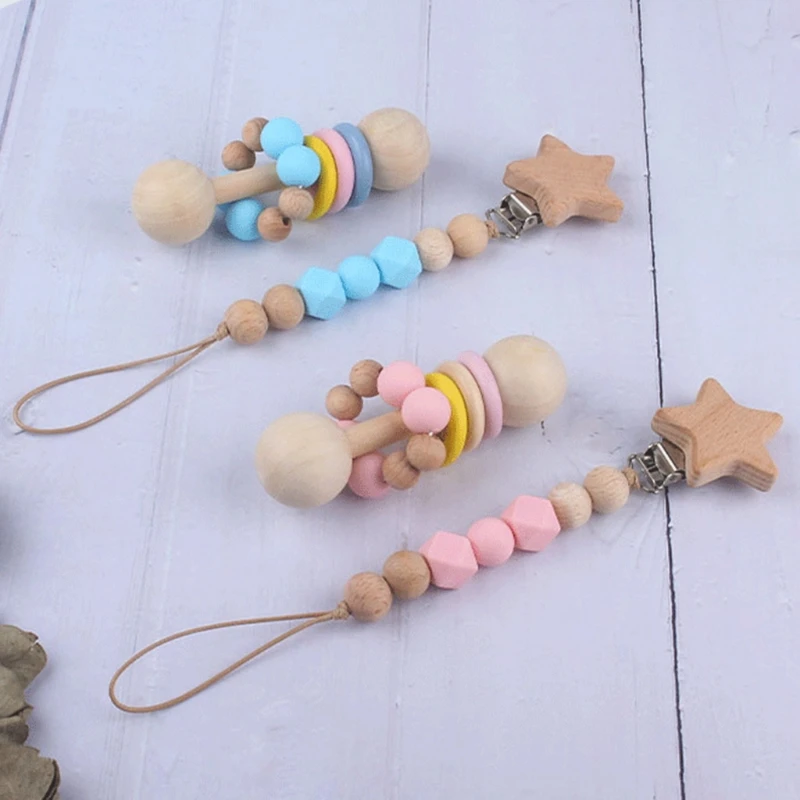 

Baby Pacifier Chain Clip Rattle Set Nipple Dummy Holder Wooden Teething Soother Toy Newborn Teether Molar Gifts