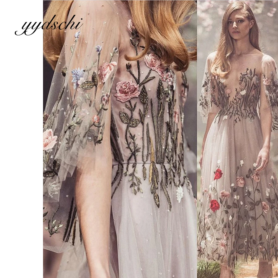 

Illusion Wedding Dress Deep V-Neck Embroidered Lace Sweetheart Ankle Length Pastrol Half Sleeve Simple Bridal Sexy Dresses