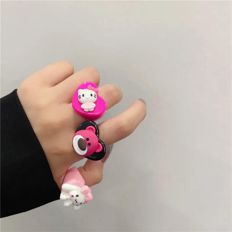 

Cartoon cat bear dog Resin chunky rings for women pink hello cat rings for teenage girls y2k jewelry cute kawaii accessory