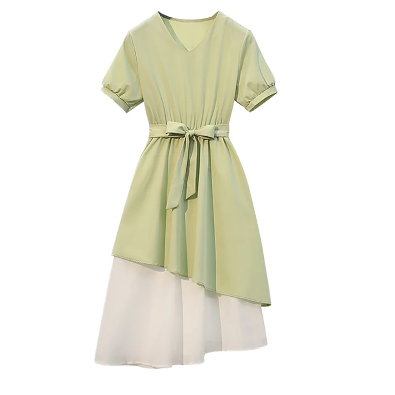 

Plus Size Summer Midi Dresses For Women 2022 Elegant Bandage Chiffon Splicing Robe V Neck Short Sleeve Casual Looe Party Vestido