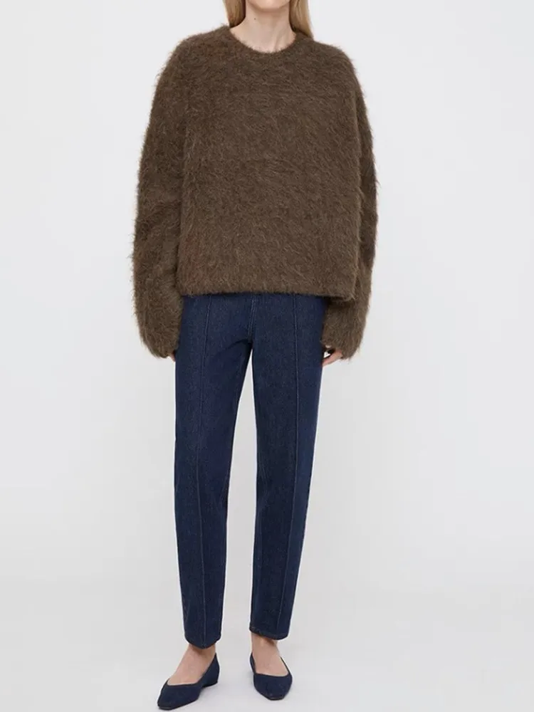 

Женский Повседневный джемпер с длинным рукавом, Осень-зима 2023, женский свитер с круглым вырезом, простой однотонный топ