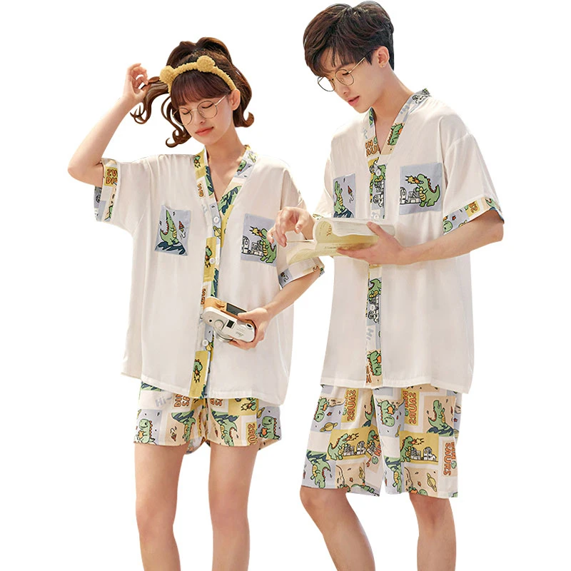 Couple Summer Pajama Sets Women Men Cartoon Dinosaur Korean Loose V-Neck Pyjama Home Clothes Sleepwear Silk Adult Loungewear
