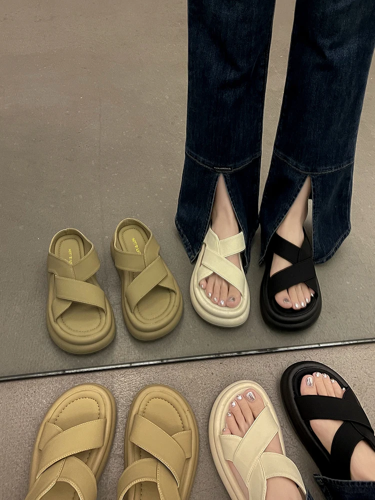 

Женские летние шлепанцы из ПУ кожи, с перекрестной шнуровкой