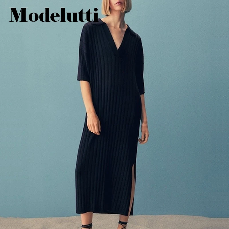 

Modelutti 2022 New Autumn Fashion Short Sleeve V-neck Ribbing Knitted Split Long Dresses Women Slim Solid Simple Casual Female