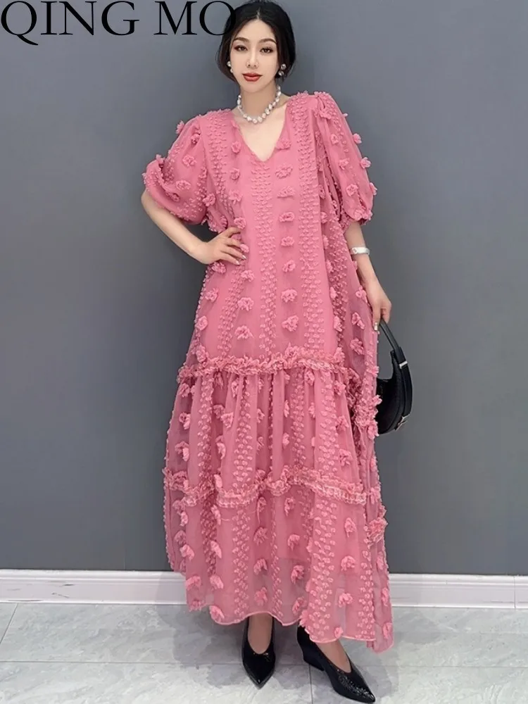 QING MO 2023 Summer New Fashion Casual V-neck Dress Women Age Reducing Half Sleeve Dress Female Pink Black ZXF2414