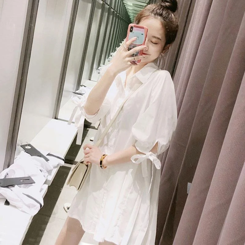 Spring and summer clothing retro casual loose middle and long white shirt women airy foreign style lining dress female tops