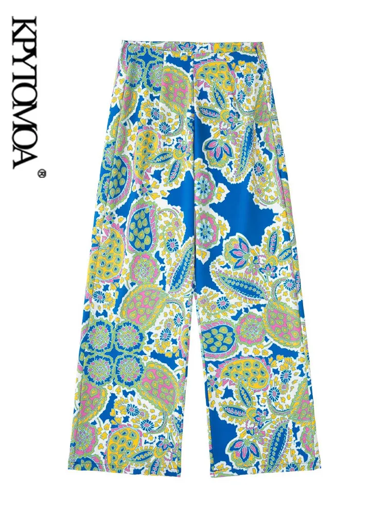 

KPYTOMOA Women Fashion Flowing Printed Loose Wide Leg Pants Vintage High Waist Side Zipper Female Ankle Trousers Mujer