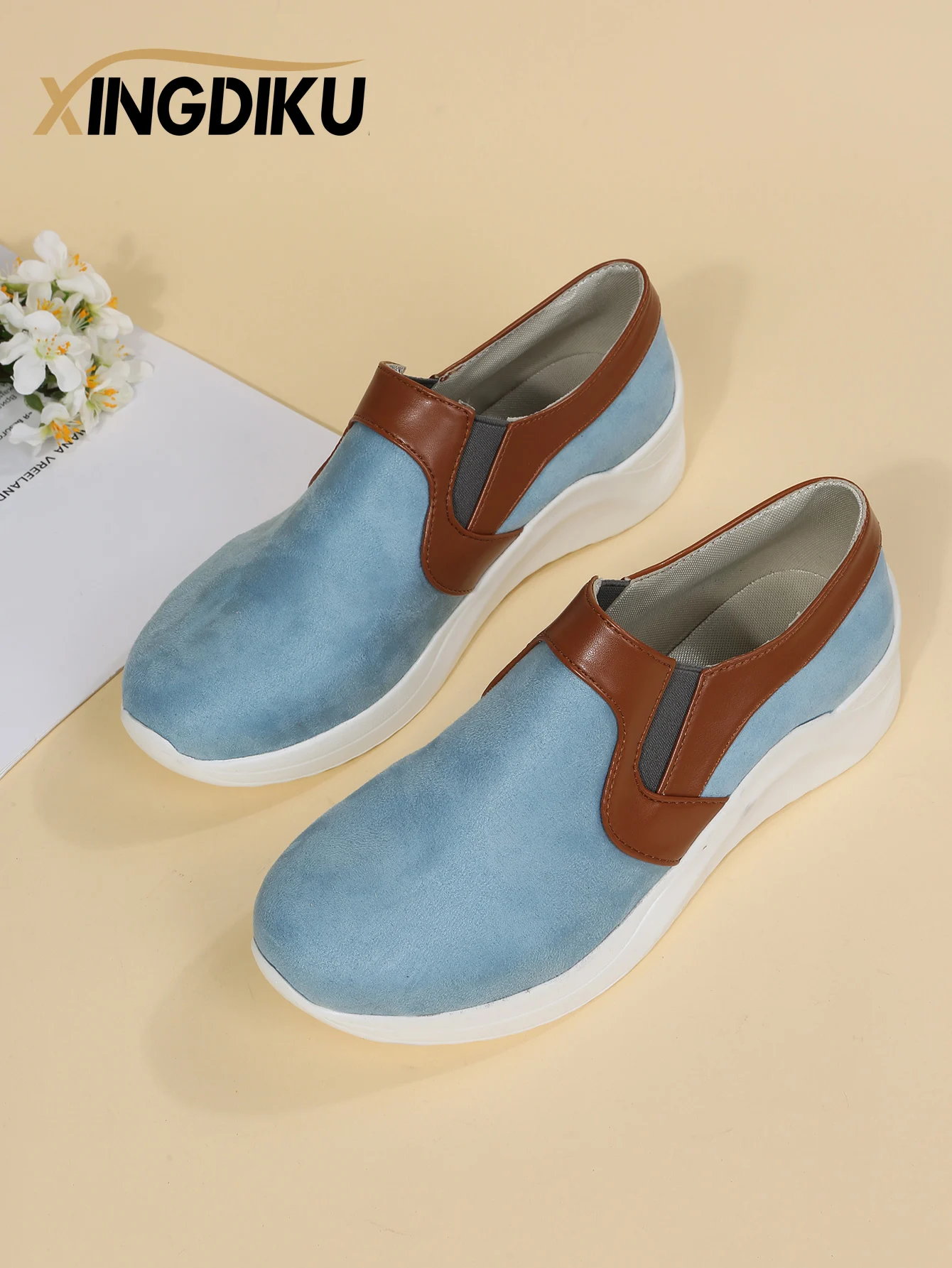 

Ladies Vulcanized Shoes Spring and Autumn New Loafers Round Toe Wedge Big Size Sneakers Elastic Band Comfortable Breathable Shoe