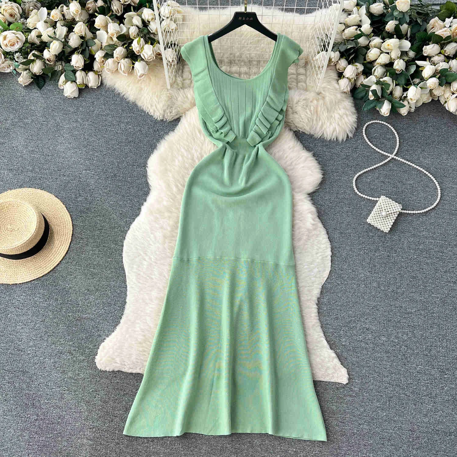 Chic Sleeveless O-neck Ruffle Elastic Slim Knit Slip Dress French Sexy Chic Elegant Party Vestido Women Vintage Summer Dress