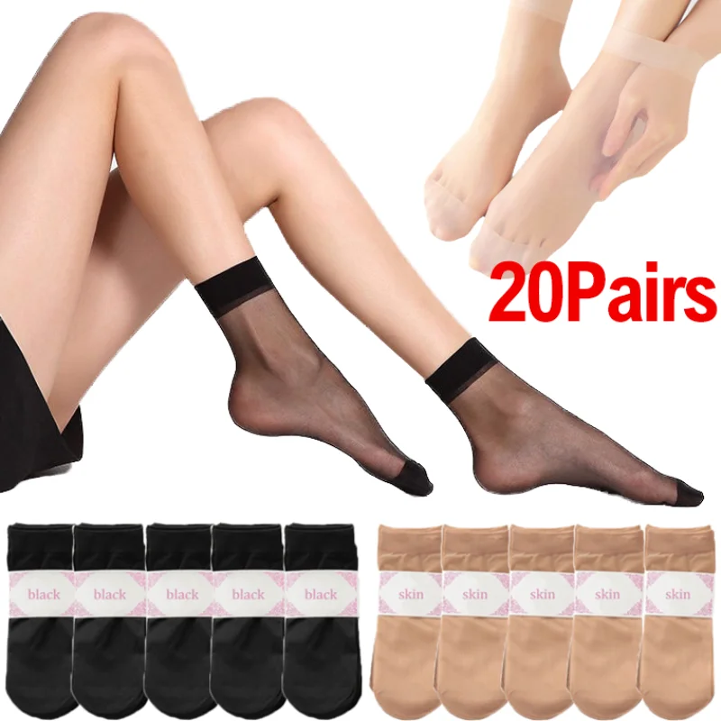 20Pairs Short Socks Summer Thin Crystal Silk Sock Women Sexy Black Skin Color Elastic Silky Ankle Short Socks for Girls Socks