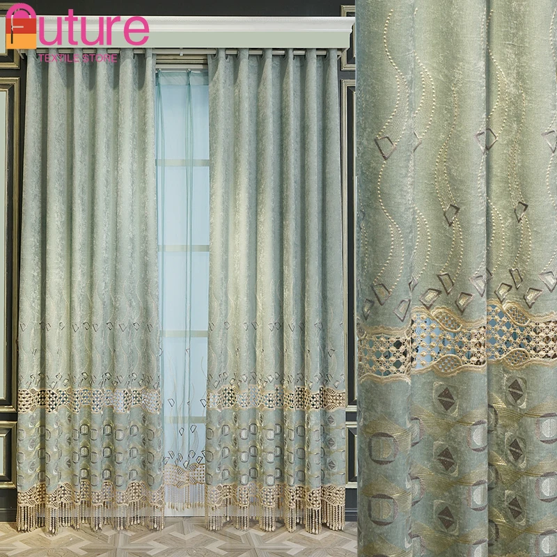 Новые мятно-зеленые полые вышитые синельные толстые шторы для гостиной спальни