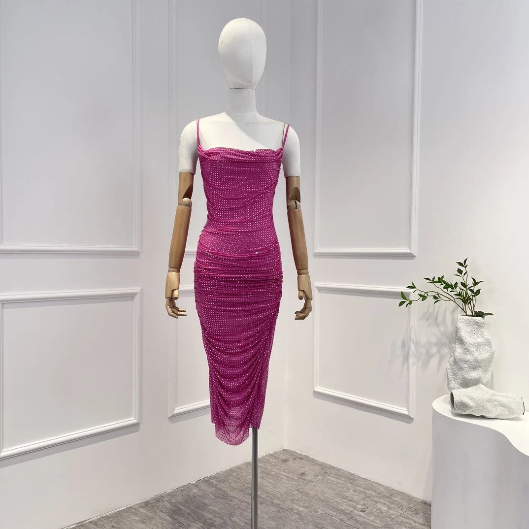 

New Arrival Top Quality 2023 Women Party Dresses Rose Red Sleeveless Diamonds Bodycon Clothes for Summer