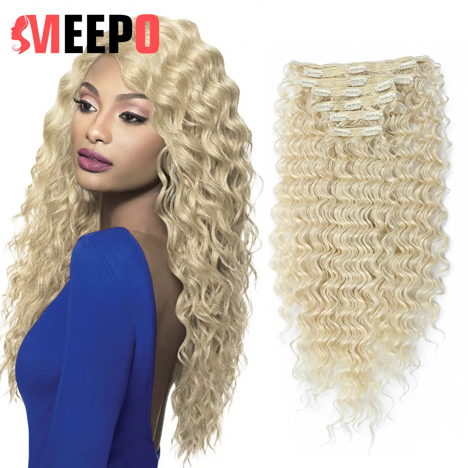 

Meepo Deep Wave Hair Extensions 24Inch Blonde Natural Hair Extension Clip-on Fake Hair 7PCS Full Head Organic Fiber for Women