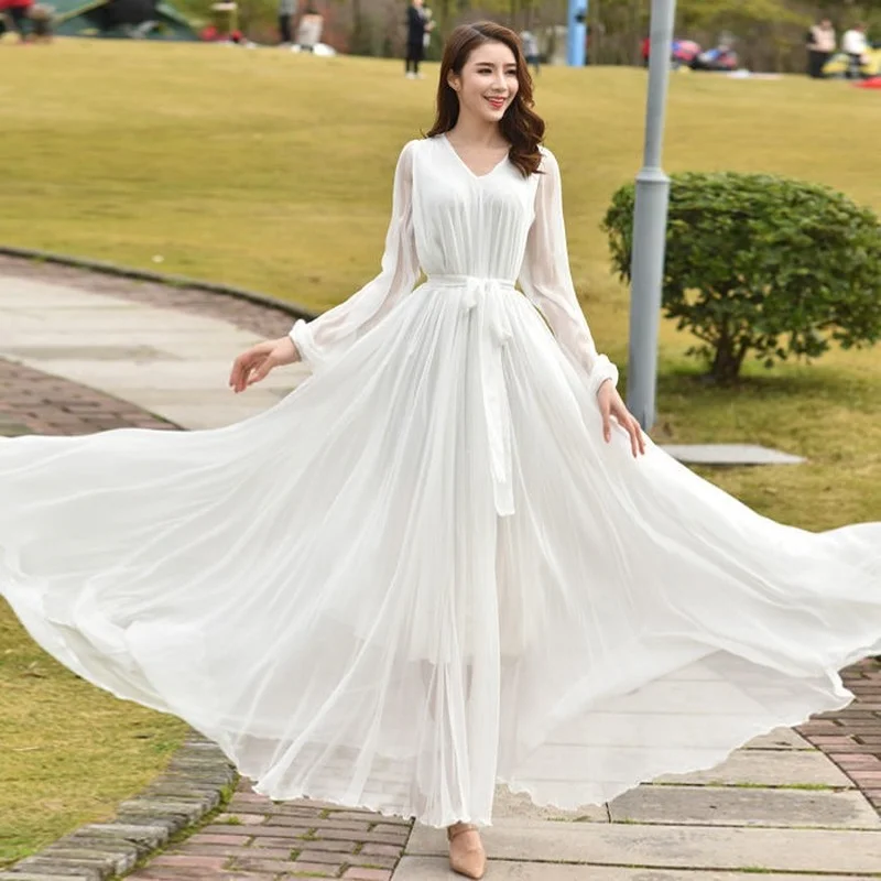 

Женское шифоновое платье макси, белое винтажное платье с длинным рукавом, туники, Повседневное платье для выпускного вечера, E206, лето 2022