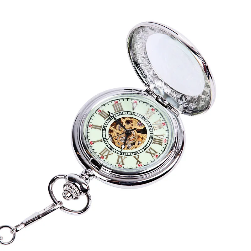 Luxury Black Mechanical Pocket Watch for Men Women Transparent Case Roman Numeral Dial Fob Chain Pendant Clock for Collection