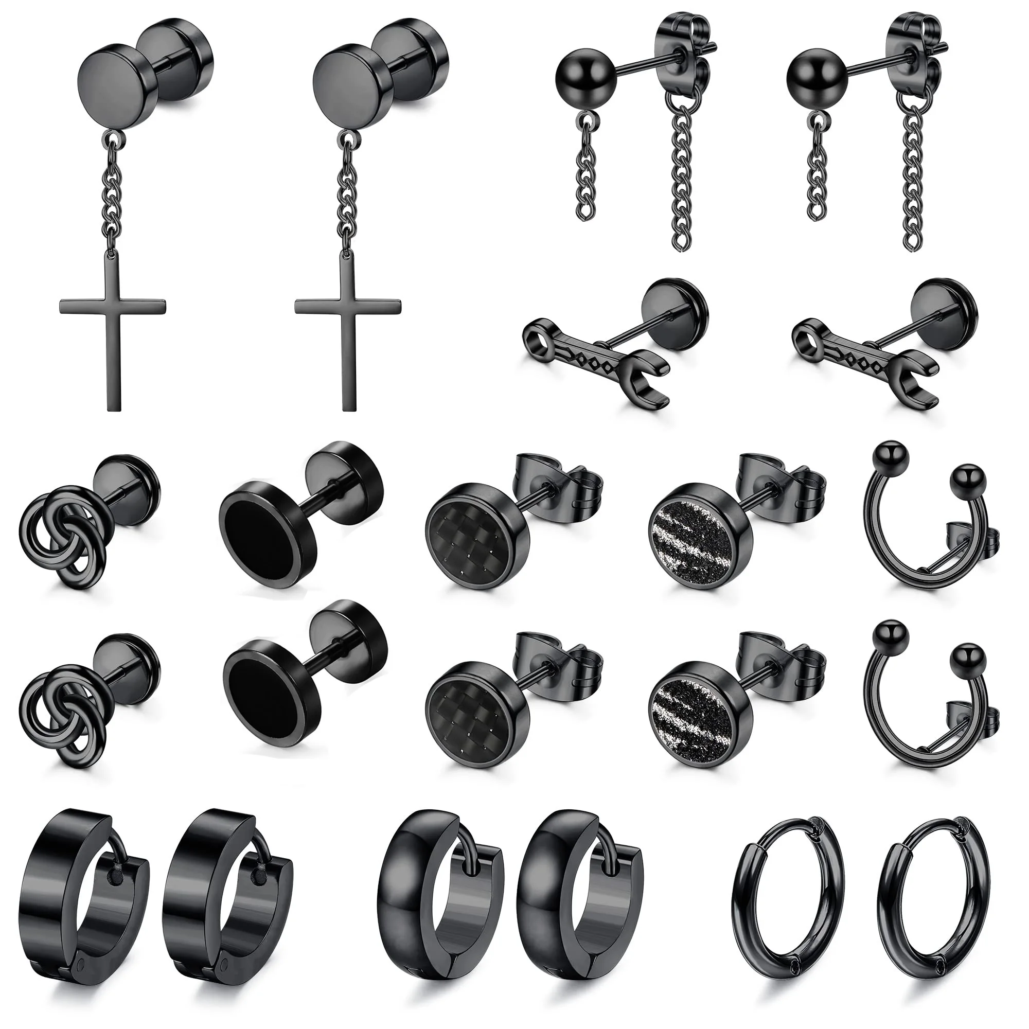 

11 пар, черные серьги-гвоздики из нержавеющей стали