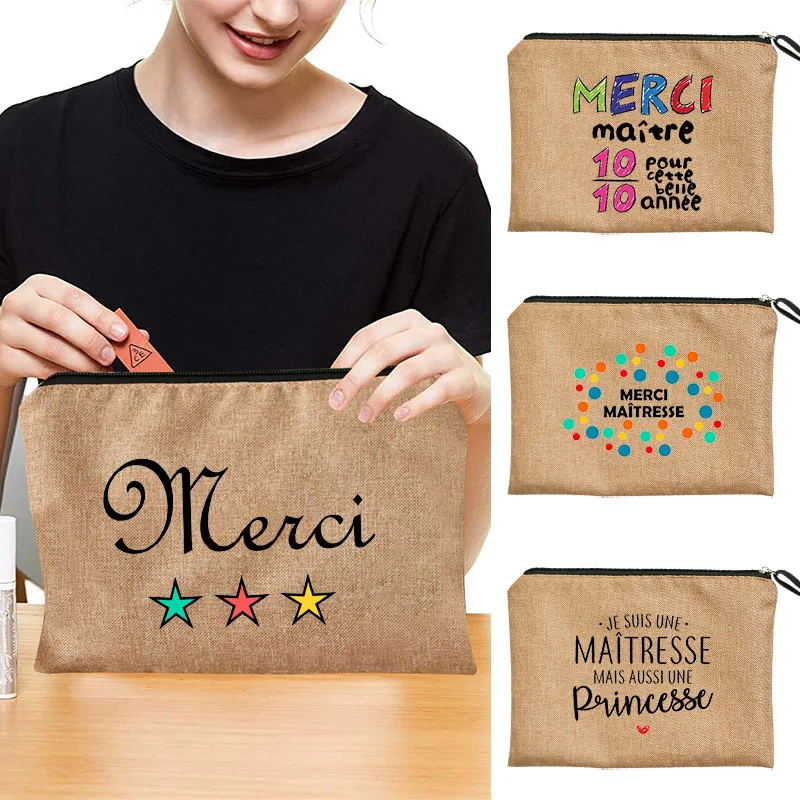 

Merci Maîtresse Teacher's Cosmetic Bag Thank You Mistress Women Makeup Bag Storage Bag Purse Zipper Pouches Gift for Teacher