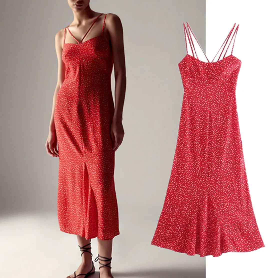 

Maxdutti Ins Fashion Blogger Vintage Red Floral Print Dress Spaghetti Strapless Sexy Beach Midi Dress Women