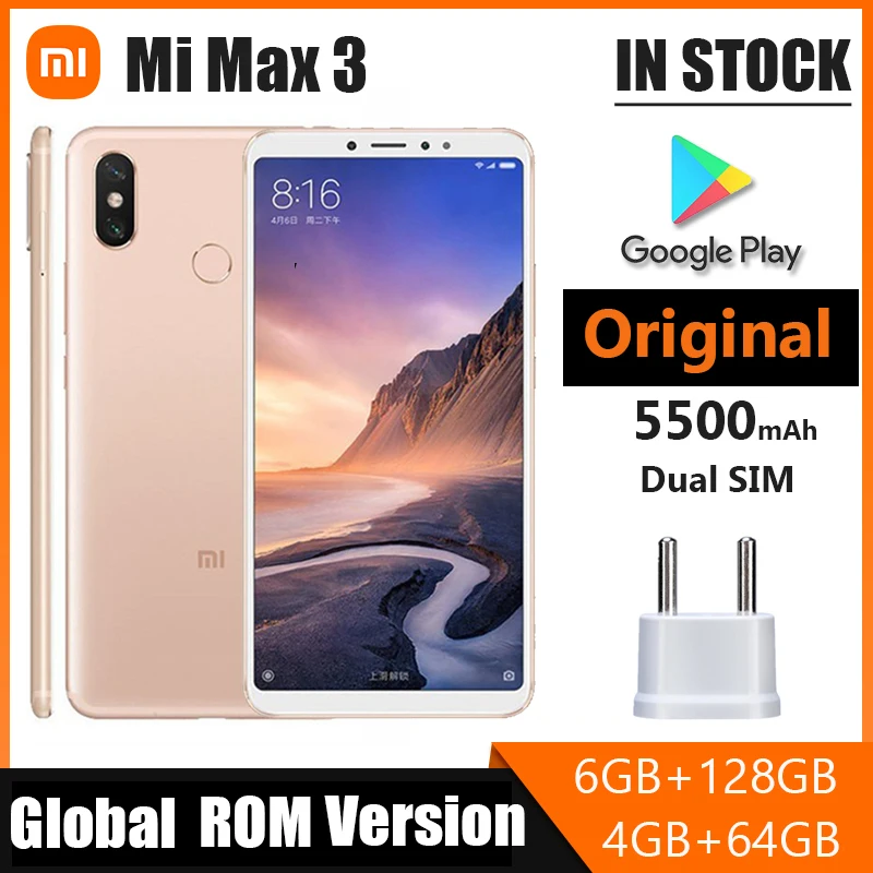Cellphone Xiaomi Mi Max 3 Smartphone, Android Smart Phone 6.9 inch 4G RAM 6 ROM Fingerprint Qualcomm Snapdragon 652