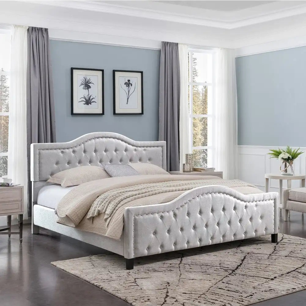 

Traditional King Birch Frame Flat Bed 100% Polyester Fabric Bed Arched Headboard - Light Grey